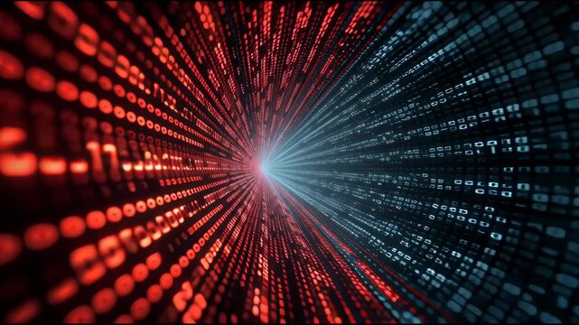 Abstract glowing tunnel of binary code representing internet speed and data transfer