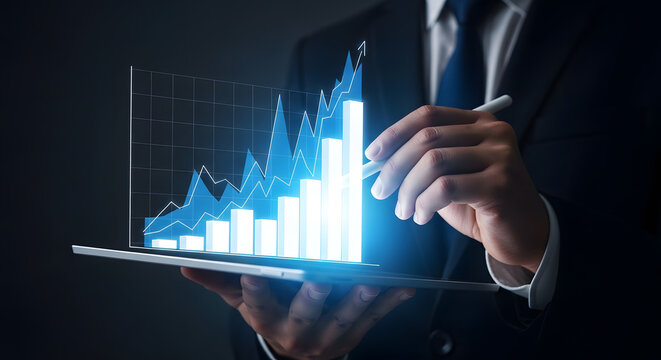 Businessman analyzing financial data on a digital tablet with a glowing graph, indicating growth and success in the market