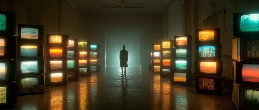 man in silhouette standing in a dim room, surrounded by stacks of glowing vintage televisions displaying images.