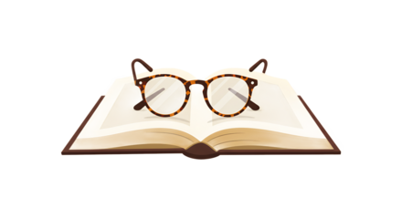 Open book with glasses resting on top, symbolizing knowledge and learning in a serene environment