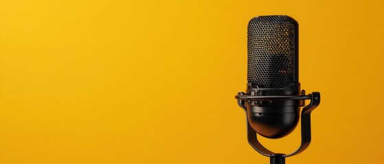 The vintage microphone against a vibrant yellow background creating a captivating scene.