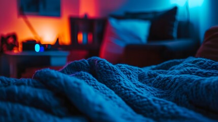 Comfortable cozy bedroom with knitted blanket in blue and orange neon lighting