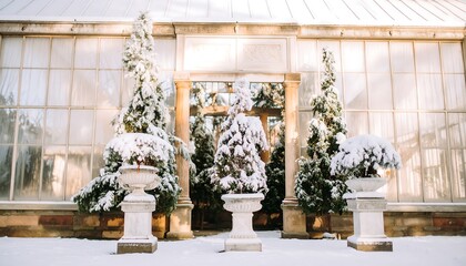 Snow Covered Trees and Planters in Front of a Glass Building
