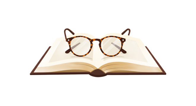 Open book with glasses resting on top, symbolizing knowledge and learning in a serene environment