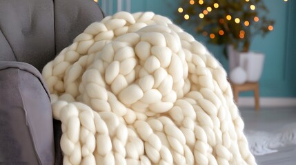 Cozy living room with chunky knit blanket draped over grey armchair