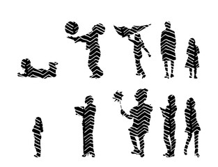 Vector illustration, Outline silhouettes of people, Contour drawing, people silhouette, Icon Set Isolated , Silhouette of sitting people, Architectural set