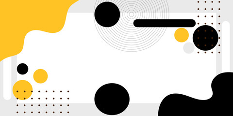 Obraz premium Modern abstract background with black, yellow, and white geometric shapes. Minimalist composition featuring circles, lines, and fluid design elements. Perfect for banners, presentations, and templates