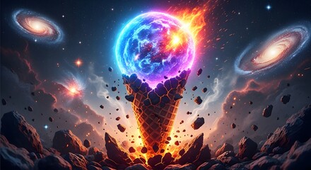 Cosmic Delight A Fiery Ice Cream Cone in the Vastness of Space, Evoking Wonder and Imagination