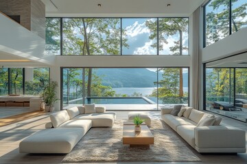 Naklejka premium Elegant Airy Living Room with Large Windows and Bright Interior