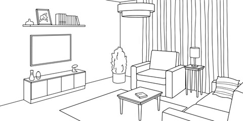 Fototapeta premium TV living room graphic black white home interior sketch illustration vector 