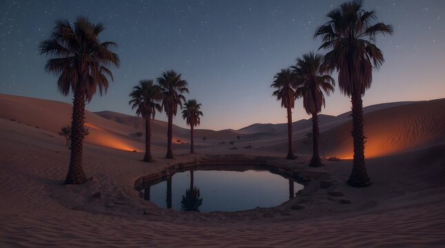 Serene desert oasis at twilight with reflection pool, palm trees, and starry sky creates a magical, tranquil escape