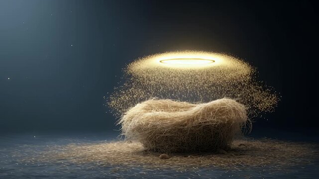 Symbolic nativity scene: empty wooden manger on straw with soft golden halo