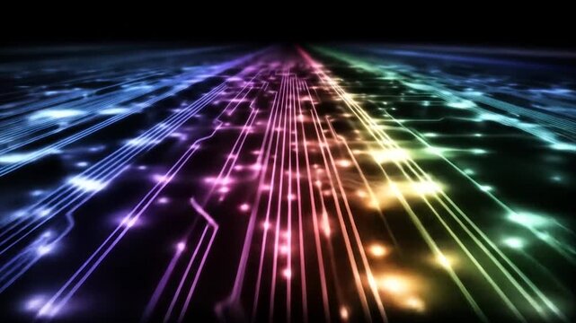 Abstract electronic circuit board with data flow in colorful display