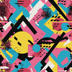 Abstract Geometric Seamless Pattern with Retro Shapes Colorful 80s Memphis Style Background	