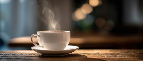 The steaming coffee cup on a rustic wooden table inviting warmth and comfort.