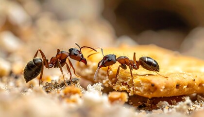 Two ants, up close, interacting near a partially eaten cracker, capturing a moment of natural life and detail