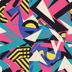 Abstract Geometric Seamless Pattern with Retro Shapes Colorful 80s Memphis Style Background	
