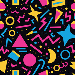 Abstract Geometric Seamless Pattern with Retro Shapes Colorful 80s Memphis Style Background	
