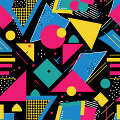 Abstract Geometric Seamless Pattern with Retro Shapes Colorful 80s Memphis Style Background	