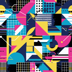 Abstract Geometric Seamless Pattern with Retro Shapes Colorful 80s Memphis Style Background	