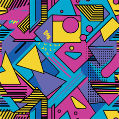 Abstract Geometric Seamless Pattern with Retro Shapes Colorful 80s Memphis Style Background	