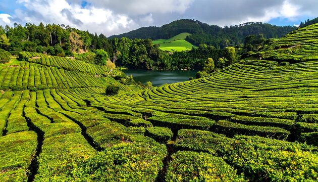 Lush, terraced tea plantation with neatly trimmed bushes cascading down a hillside, a calm lake, and rolling green hills