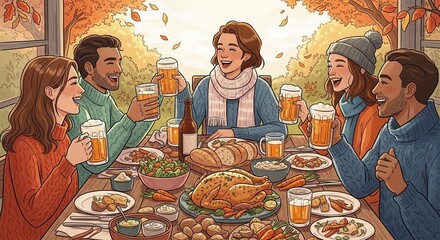A group of six friends enjoying a festive autumn dinner with roasted turkey and drinks, celebrating together.