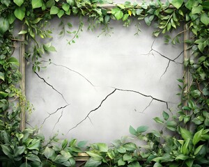 Rustic crack wall framed by lush green foliage, nature meets urban decay concept