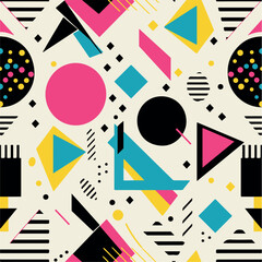 Abstract Geometric Seamless Pattern with Retro Shapes Colorful 80s Memphis Style Background	