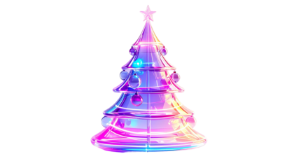 3D holographic Christmas tree made of glowing neon lines and transparent glass ornaments, isolated on transparent background, modern futuristic holiday design, PNG.