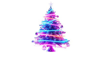 3D holographic Christmas tree made of glowing neon lines and transparent glass ornaments, isolated on transparent background, modern futuristic holiday design.