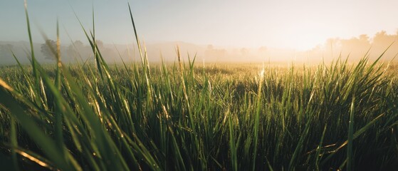 The Grass Glimmers in the Morning Sunlight Amidst a Foggy Landscape