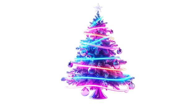 3D holographic Christmas tree made of glowing neon lines and transparent glass ornaments, isolated on transparent background, modern futuristic holiday design.