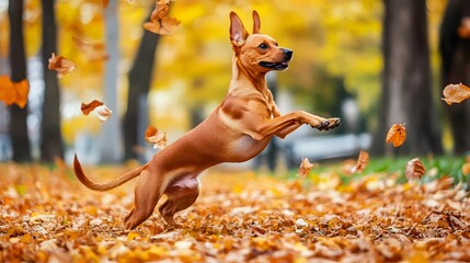 Energetic Miniature Pinscher Dog Jumping Through Autumn Leaves in a Park