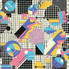 Abstract Geometric Seamless Pattern with Retro Shapes Colorful 80s Memphis Style Background	