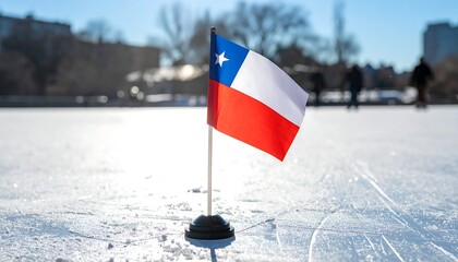 Naklejka premium A small Chilean flag stands on a frozen surface, with silhouetted figures skating in the background under a bright sun