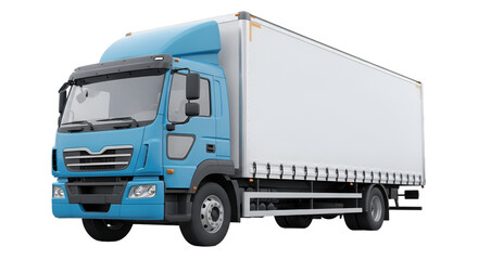 Blue and White Box Truck with Taut Canvas Sides Keywords: truck, lorry, cargo, transport