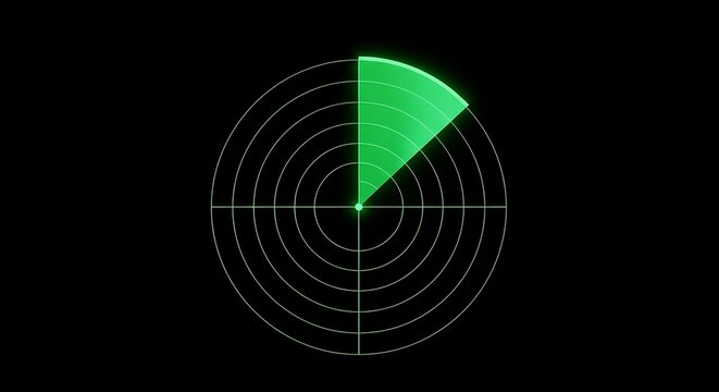 A green radar screen with concentric circles and a sweeping beam on black