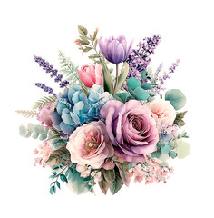 Watercolor bouquet with roses, tulips, lavender and eucalyptus. Elegant floral arrangement isolated on white