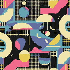 Abstract Geometric Seamless Pattern with Retro Shapes Colorful 80s Memphis Style Background	