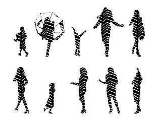 Vector illustration, Outline silhouettes of people, Contour drawing, people silhouette, Icon Set Isolated , Silhouette of sitting people, Architectural set