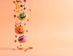 Halloween Candy and Pumpkins Floating Festive Treats, Holiday Decorations, Sweets, Isolated on Peach Background.