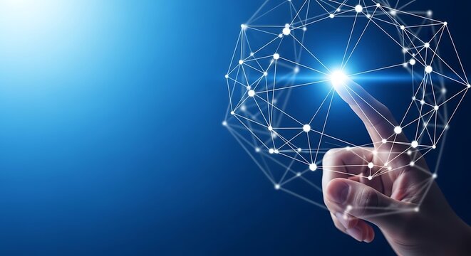 Finger touching a digital network on blue background with copy space