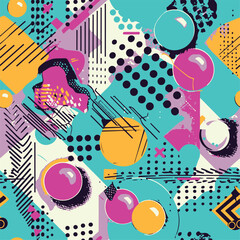 Abstract Geometric Seamless Pattern with Retro Shapes Colorful 80s Memphis Style Background	