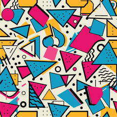 Abstract Geometric Seamless Pattern with Retro Shapes Colorful 80s Memphis Style Background	