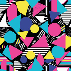 Abstract Geometric Seamless Pattern with Retro Shapes Colorful 80s Memphis Style Background	