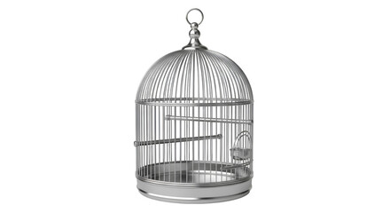 Ornate Silver Birdcage with Perches and Feeder on Black Background