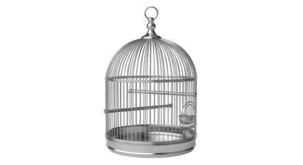Ornate Silver Birdcage with Perches and Feeder on Black Background