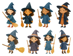 PNG Charming cartoon witches with brooms, element set on transparent background
