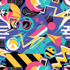 Abstract Geometric Seamless Pattern with Retro Shapes Colorful 80s Memphis Style Background	